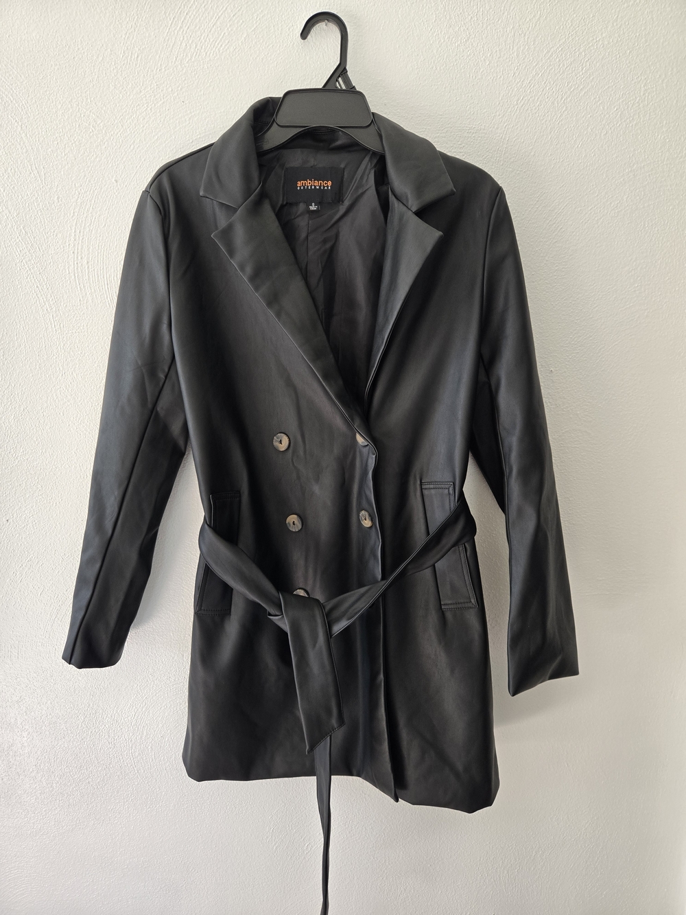 Ambiance Black Faux Leather Double-Breasted Belted Trench